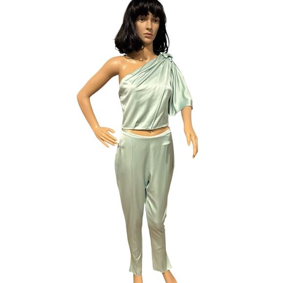 NWT AMUR April top one shoulder drape & matching pants green size Small - Picture 2 of 12